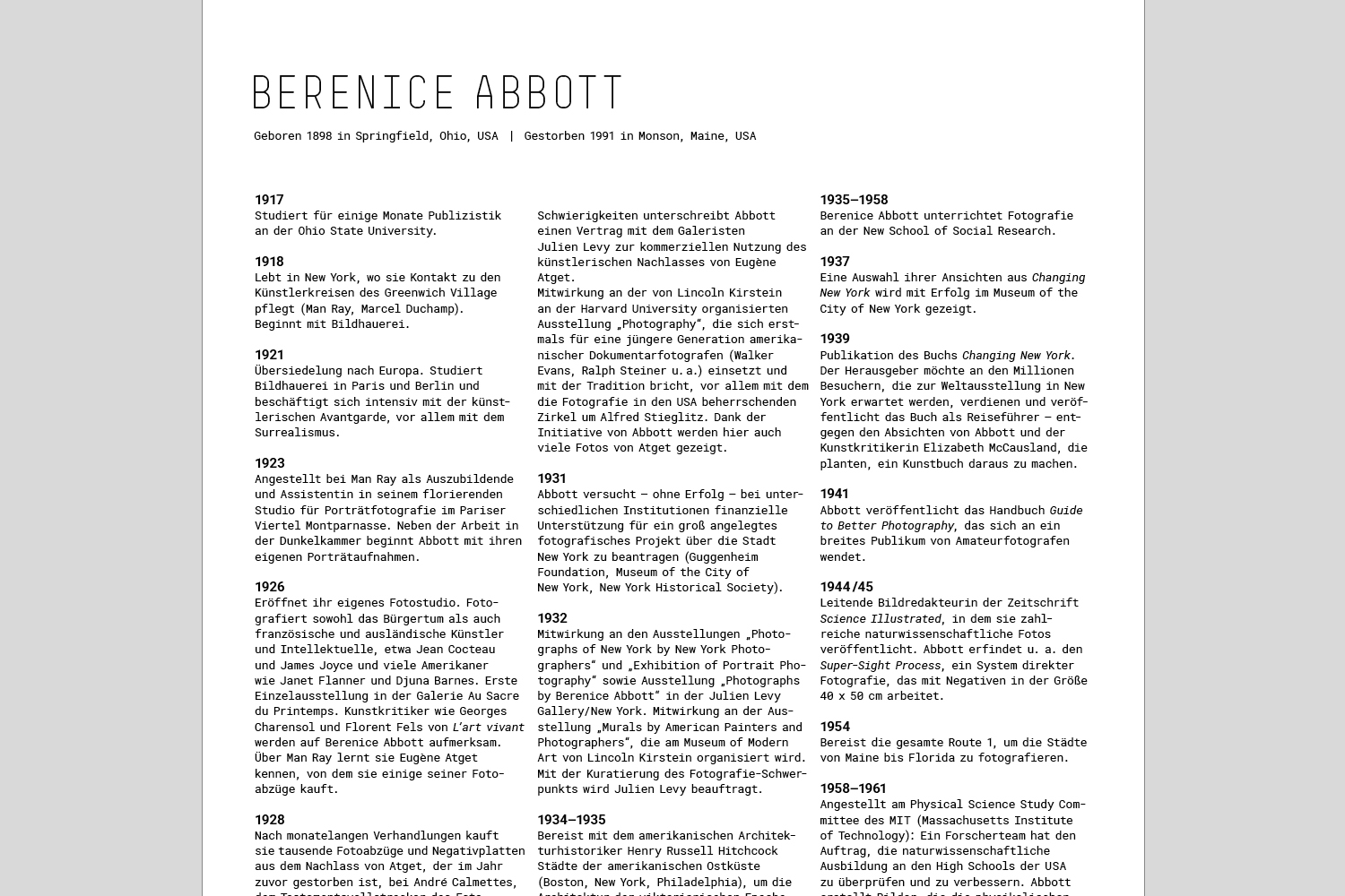 Berenice Abbott-Fotografien / Ausstellungstafel Biografie